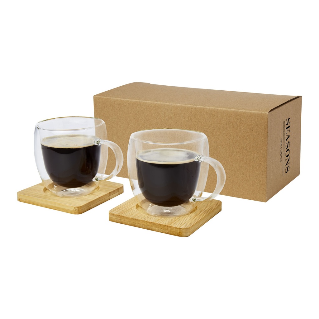 Manti 2-piece 250 ml double-wall glass cup with bamboo coaster