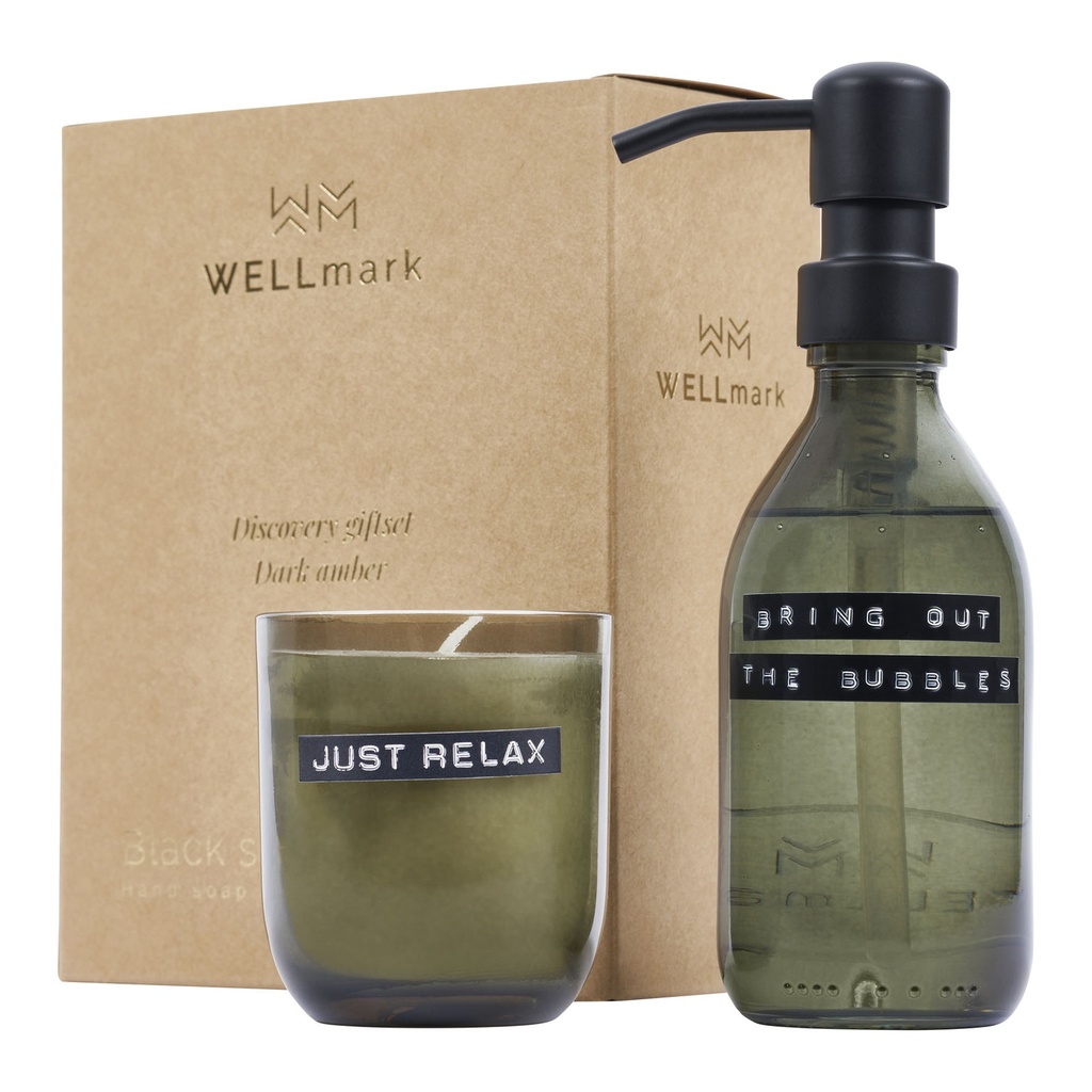 Wellmark Discovery 200 ml hand soap dispenser and 150 g scented candle set - dark amber fragrance