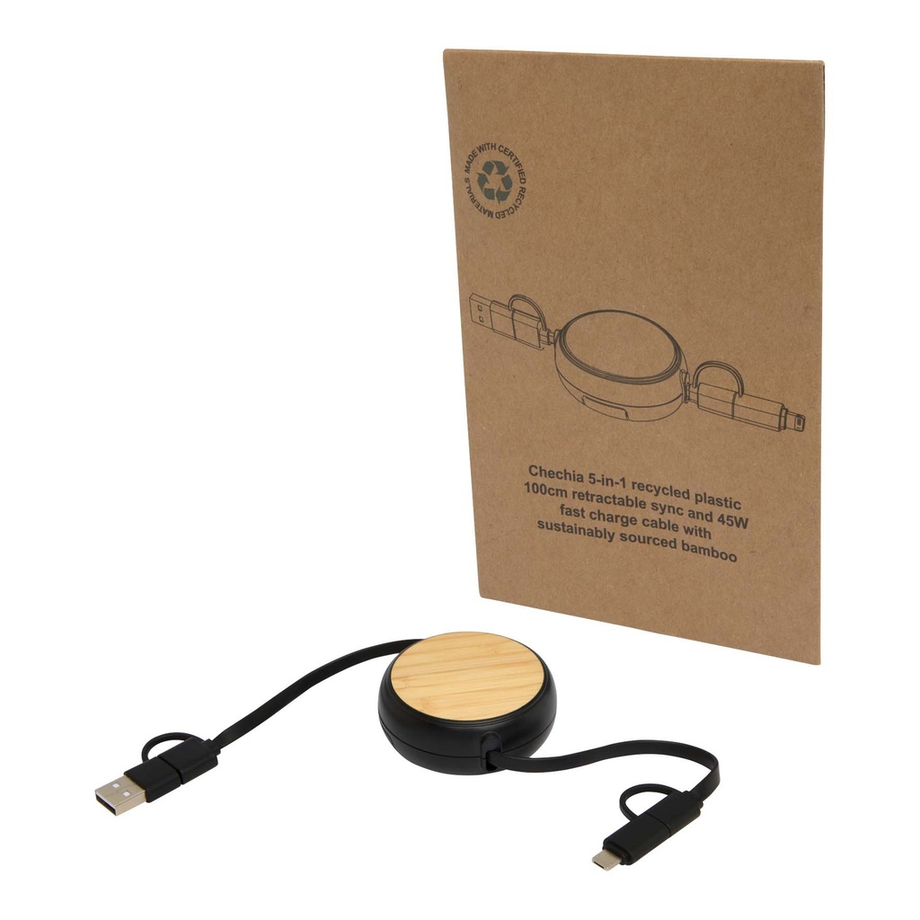 Chechia 5-in-1 recycled plastic 100 cm retractable data sync and 45W fast charge cable