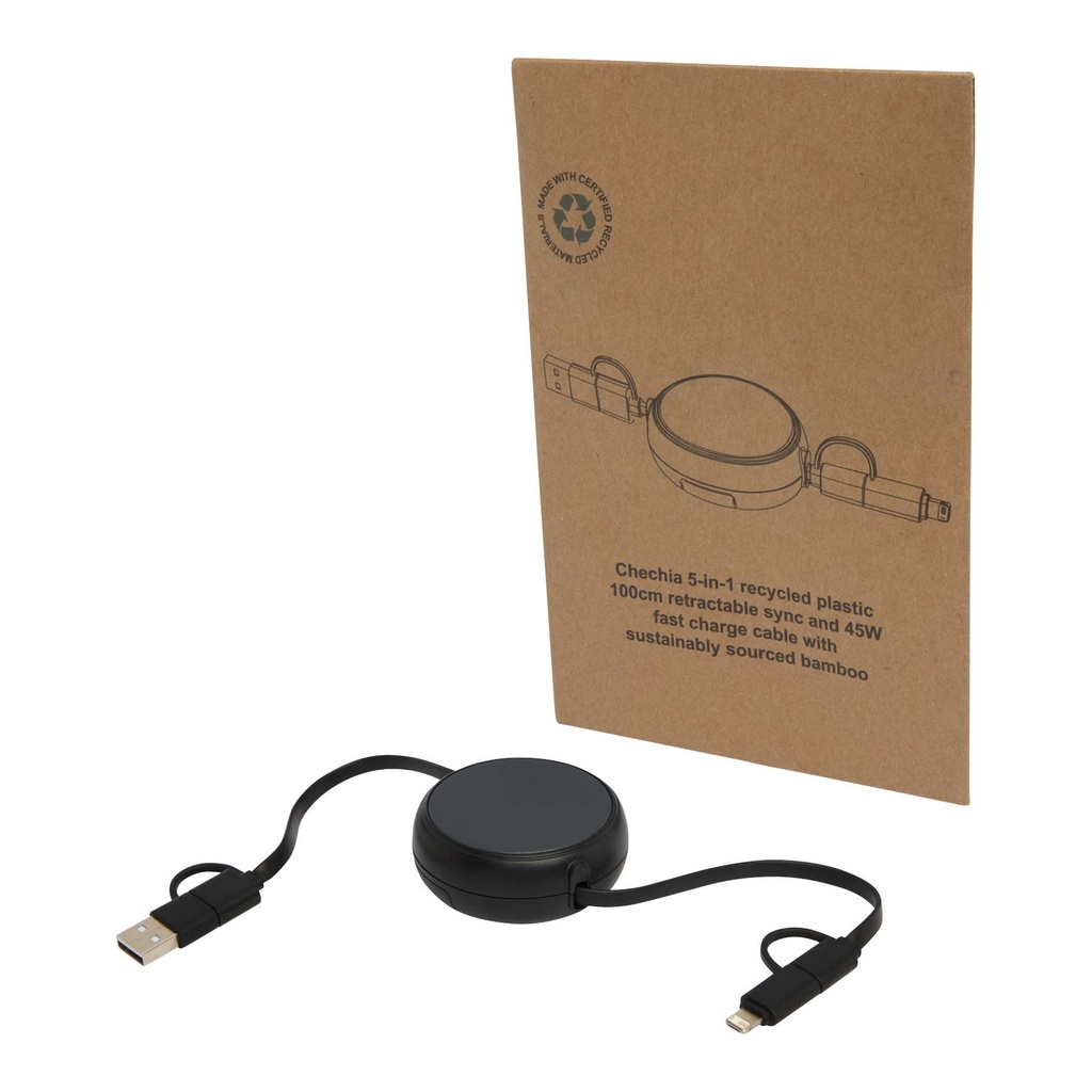 Alasia 5-in-1 100 cm recycled plastic and aluminium retractable data sync and 45W fast charge cable