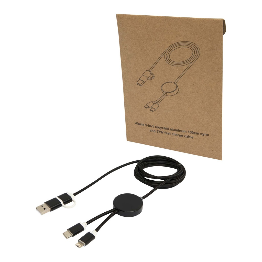 Alasia 5-in-1 recycled aluminium and plastic 150 cm data sync and 27W fast charge cable