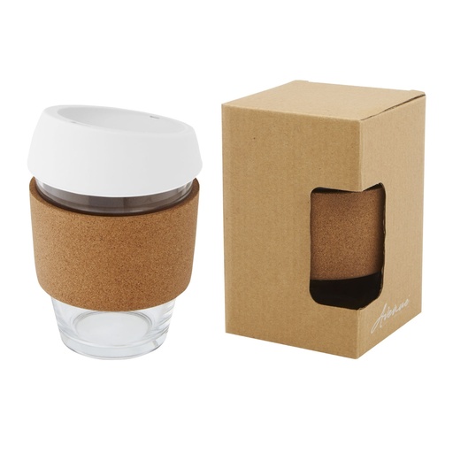 Lidan 360 ml borosilicate glass tumbler with cork grip and silicone lid